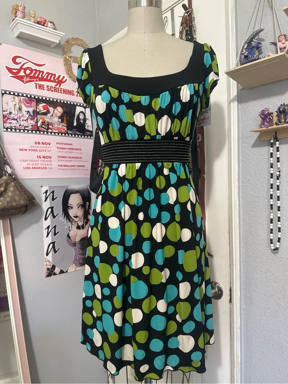 2000s Speechless polka dot A-line knee length dress size M - Green, Blue, Black
